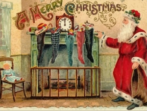 Vintage postcard with stocking as the centerpiece.