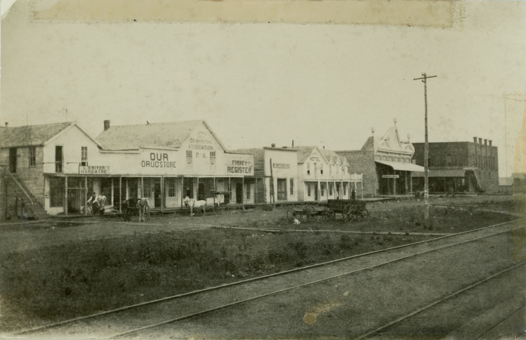 Downtown businesses in 1889 facing the railroad tracks.  This is Front St. (or tha back side of Main St. depending on how you look at it).